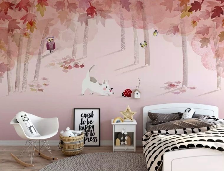 Pink Forest with Cats and Owl Wallpaper Mural