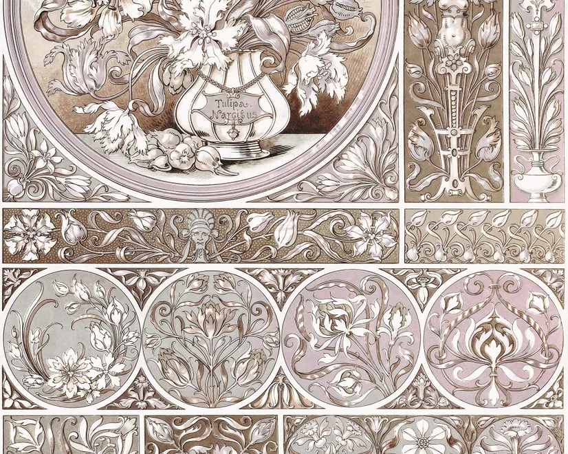 Antique wallpaper mural with Art Nouveau floral tile panels, sepia borders and blush botanical medallions