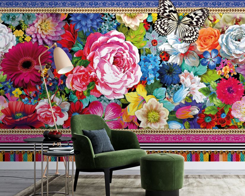 Bohemian Floral Wallpaper with Peony Dianthus Violet Wallpaper Mural