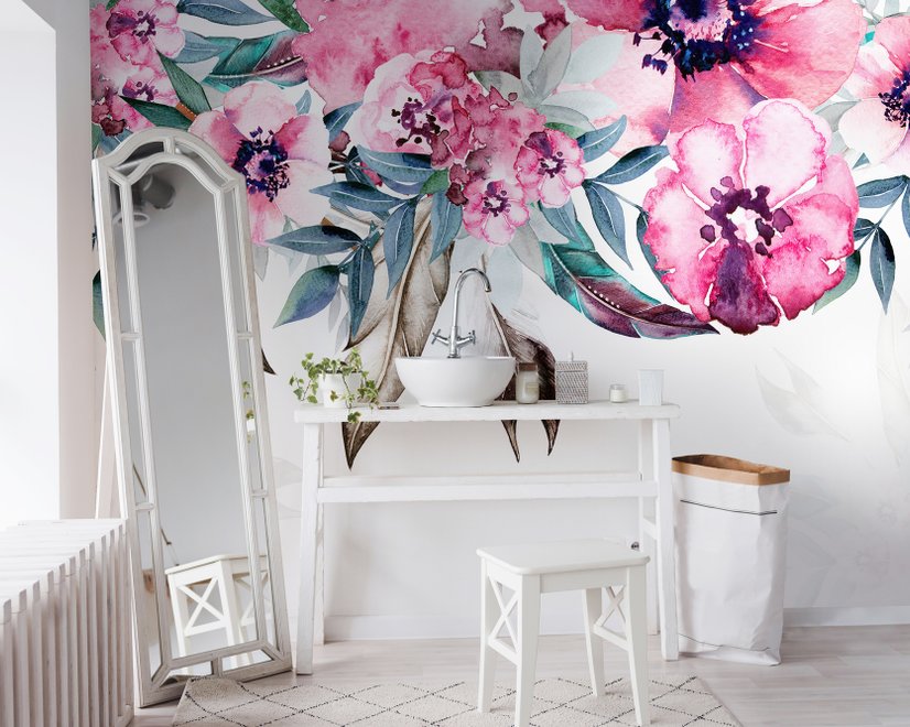 Papier peint panoramique fleur de pivoine rose aquarelle