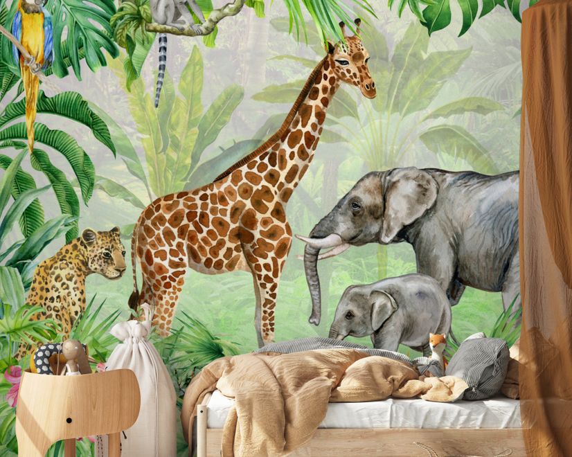 Kids Safari Watercolor Tropical  Forest Jungle Animals Wallpaper Mural