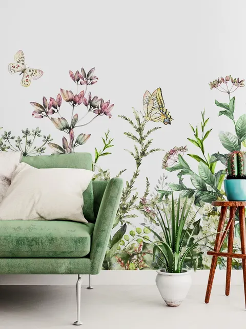 Fototapete Wilde Blumen und frische grüne Blätter