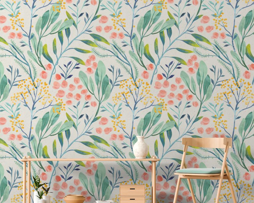 Watercolor Vintage Florals with Botanical Leaves Wallpaper Mural