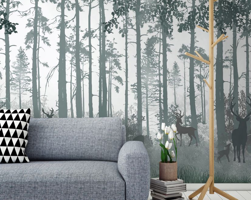 Dark Misty Forest with Horned Deer Wallpaper Mural