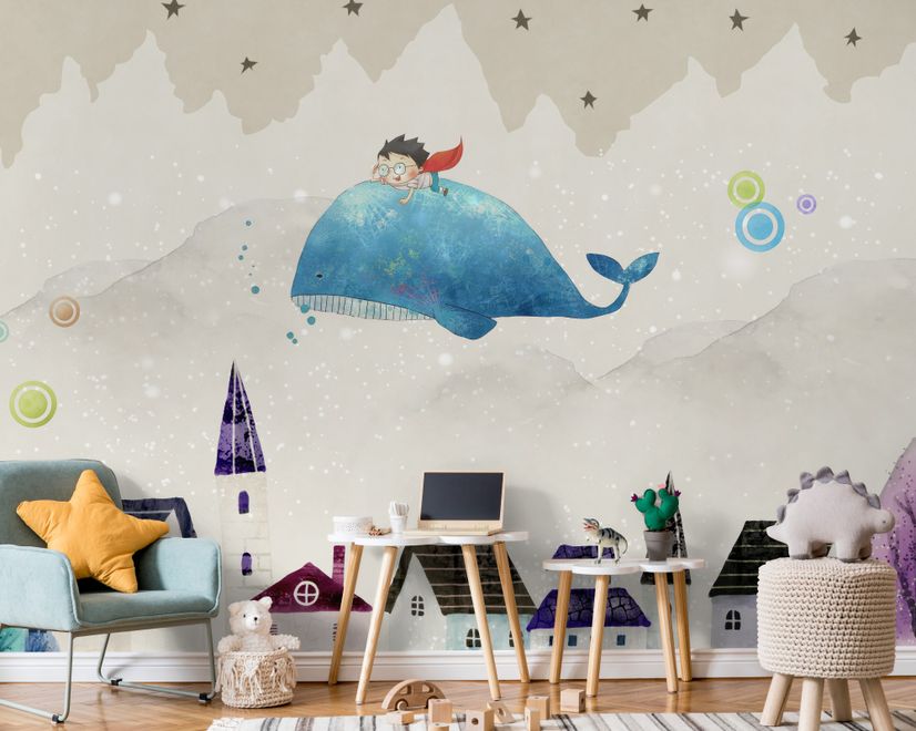 Cartoon Village and Little Child on the Flying Whale Wallpaper Mural