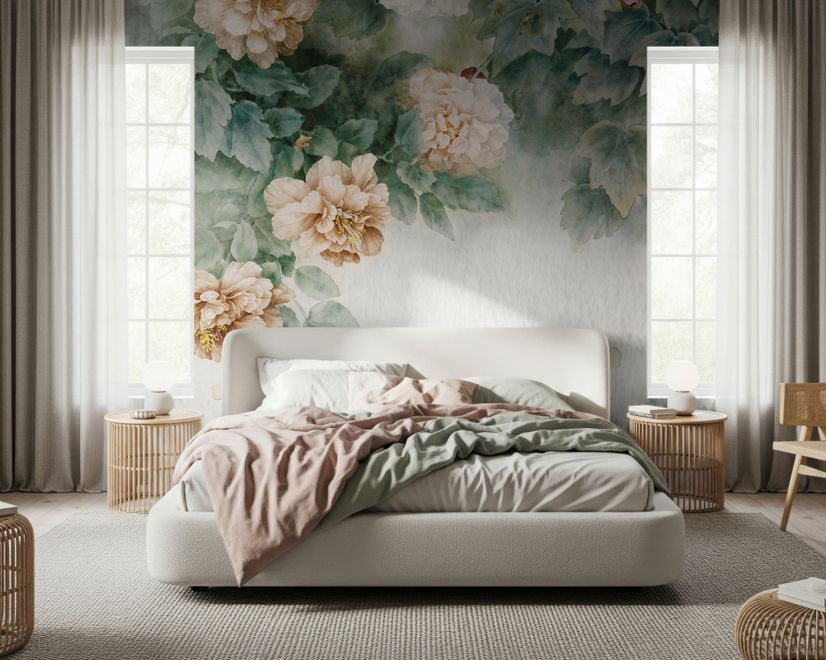 Vintage Floral and Green Leaf Wallpaper Mural