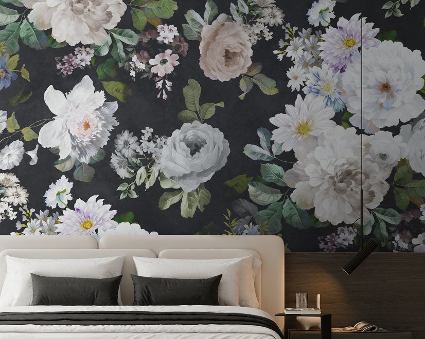 Dark Floral and White Peony Blossoms Wallpaper Mural