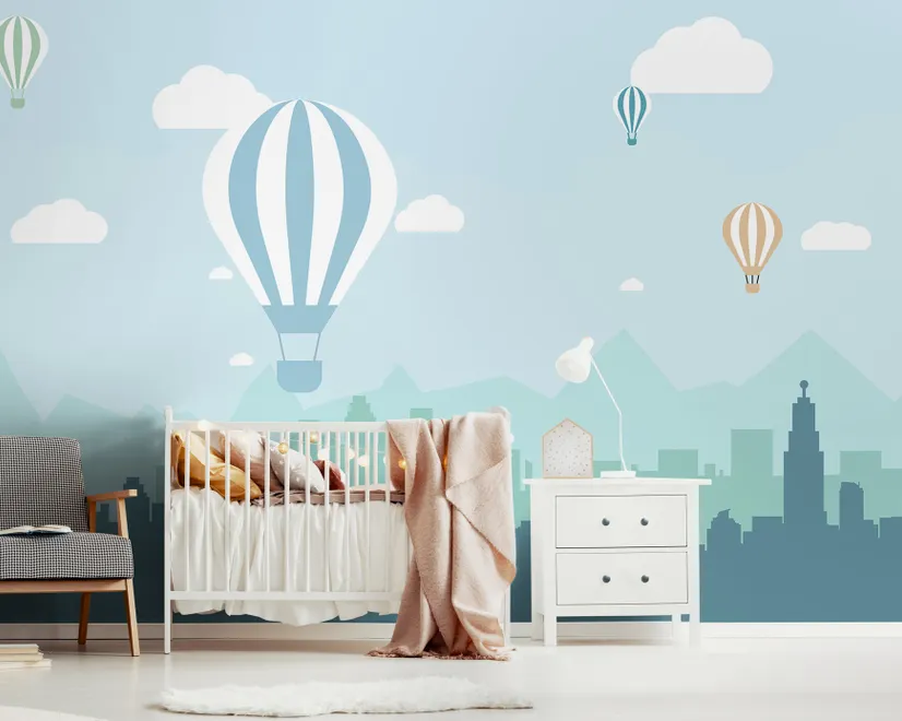 Papier peint panoramique paysage urbain bleu avec montgolfières