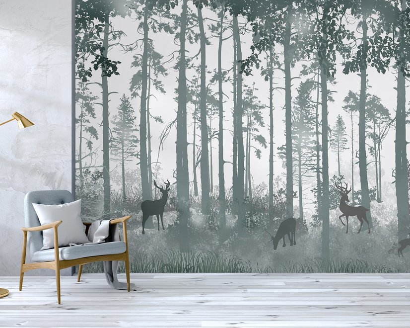 Dunkler Nebelwald mit Geweihter Hirsch Fototapete