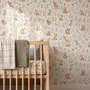 Woodland nursery wallpaper pattern with watercolour fawns, fox cubs, rabbits, teddy bears, birds and ducklings on cream