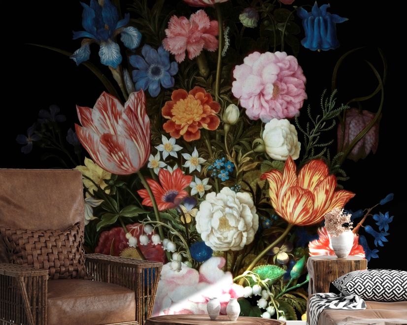 Elegant Dutch Dark Floral Bouquet Wallpaper Mural
