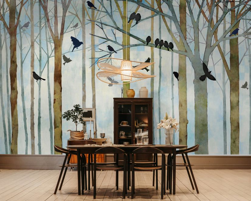 Vintage Abstract Forest and Black Bird Wallpaper Mural