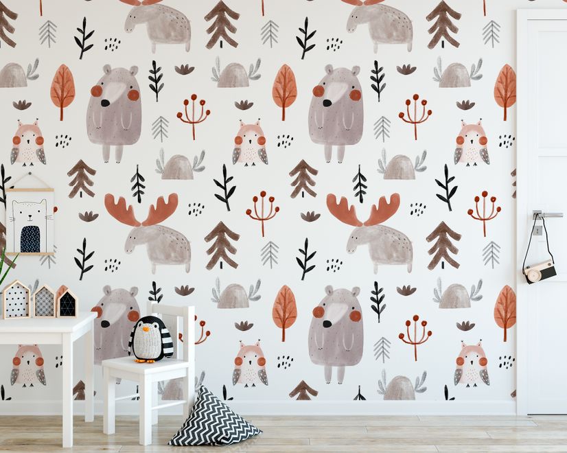Cute Cartoon Animals with Twigs Wallpaper Mural