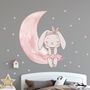 Kids Watercolor Cute Rabbit and Pink Moon with Little Stars Wall Decal Sticker