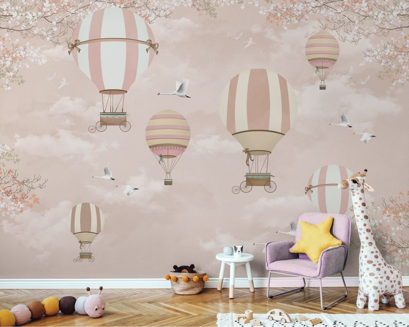 Papier peint montgolfière rose fleurs cerisier enfants