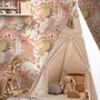 Pink tropical wallpaper with ivory fan palms, orchids, coral blossoms and sage foliage on dusty rose