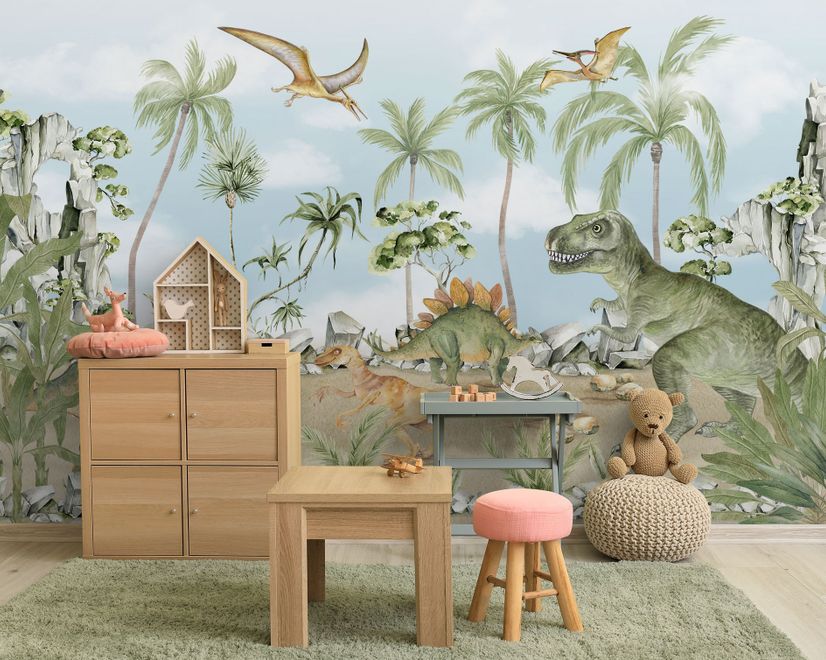 Jurassic World Aquarell Dinosaurier für Kinder prähistorische Tiere Fototapete