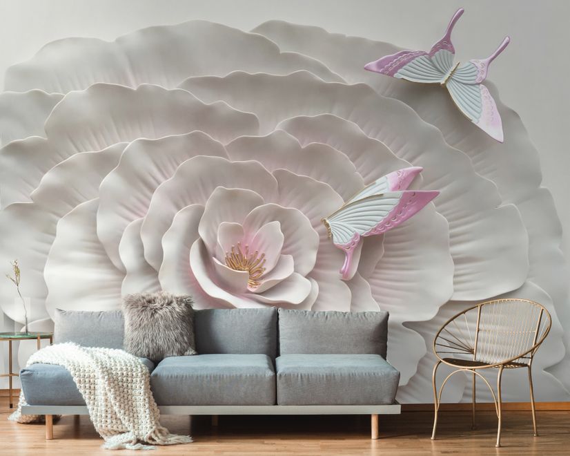 Papier peint panoramique fleurs et papillons en 3D, aspect gaufré