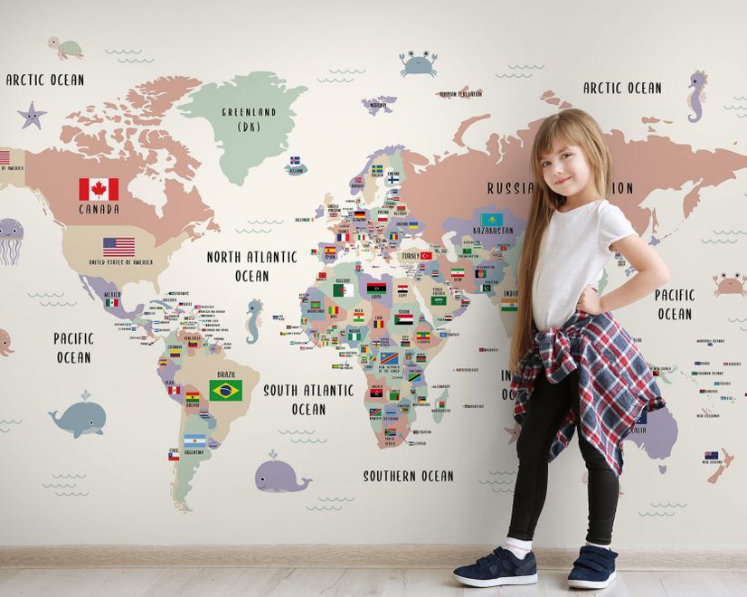 Kids Colorful World Map with Flags Map Wallpaper Mural