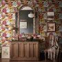 Floral and fish wallpaper with coral blooms, teal fish and black white flowers on metallic mustard-gold ground