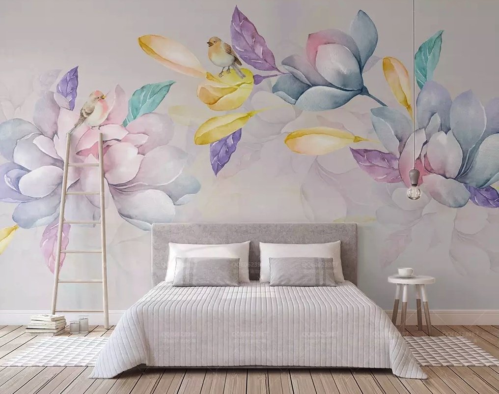 Colorful Magnolia Flowers and Birds Wallpaper Mural - Peel and Stick