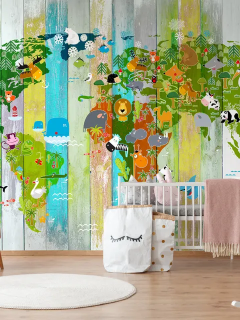 Kids World Map on the Colorful Wood Wallpaper Mural