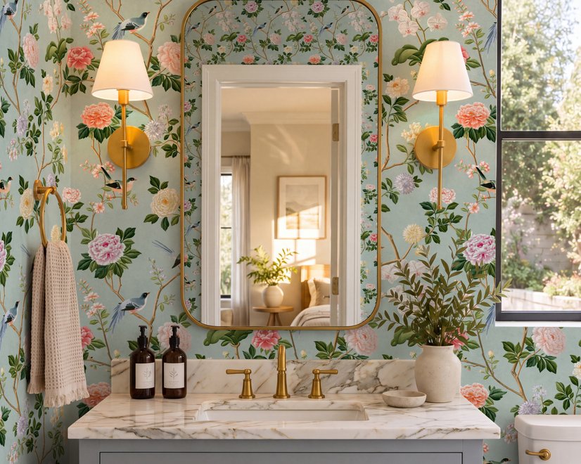 Chinoiserie wallpaper with peach birds, orchids and peonies on a pale duck egg blue ground