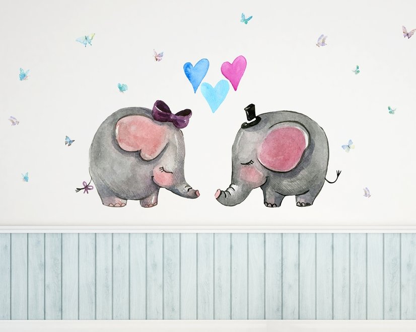 Papier peint panoramique éléphants amoureux dessinés