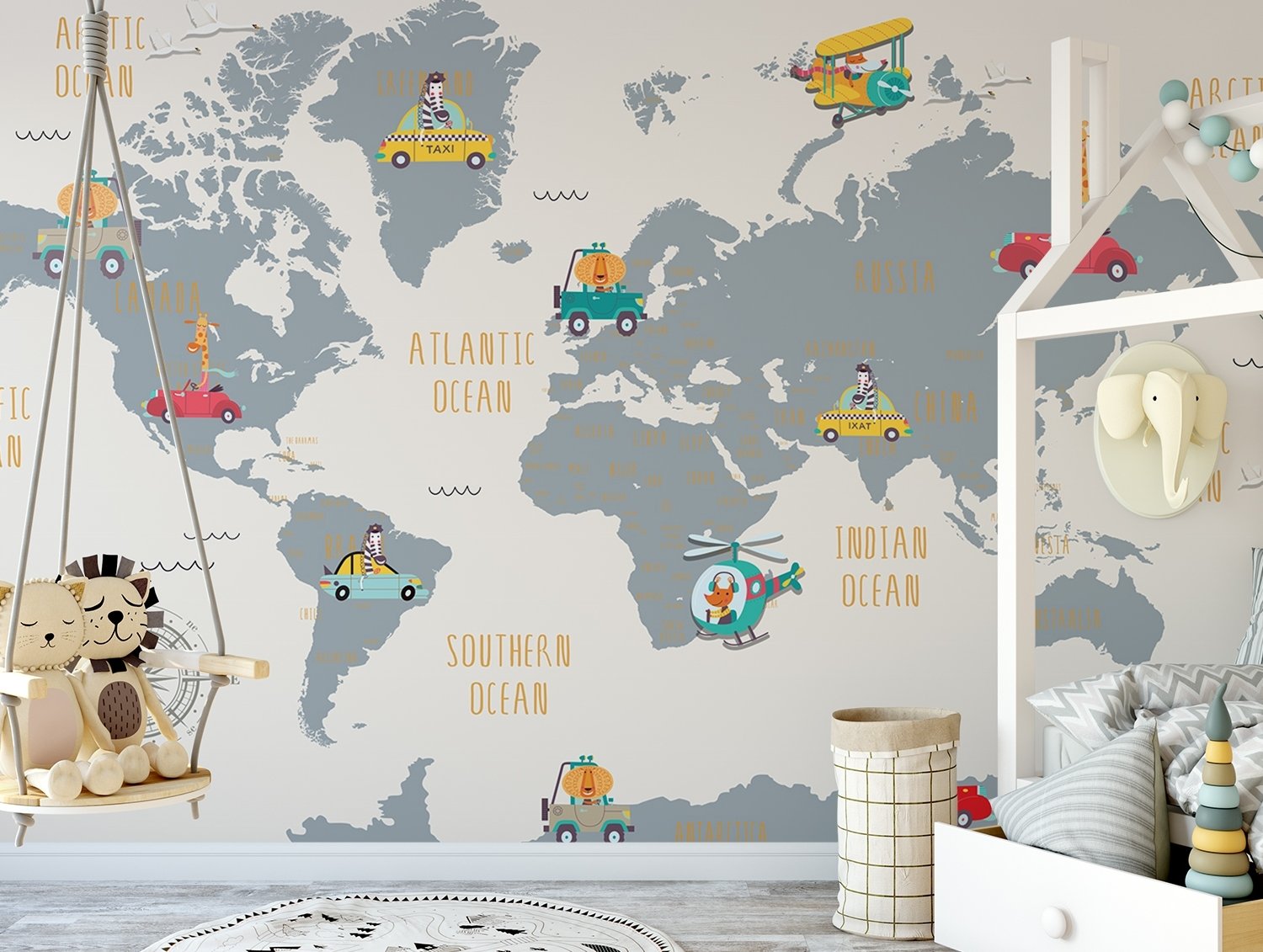 Kids World Map with Little Cars Wallpaper Mural - Peel and Stick