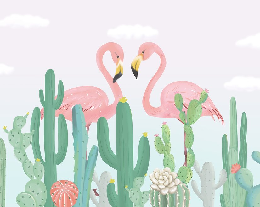 Fototapete Flamingo-Paar mit Kaktus