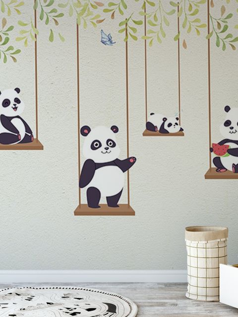 Cute Pandas Swinging Wallpaper Mural