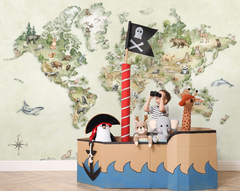 Watercolor Kids World Map with Soft Animals Wallpaper Mural