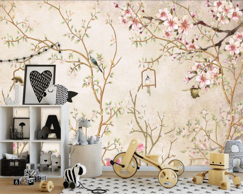 Soft Chinese Florals with Little Birds Wallpaper Mural