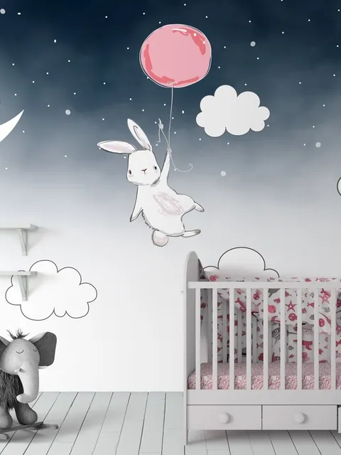 Cartoon Nightscape with Rabbit and Elephant Wallpaper Mural