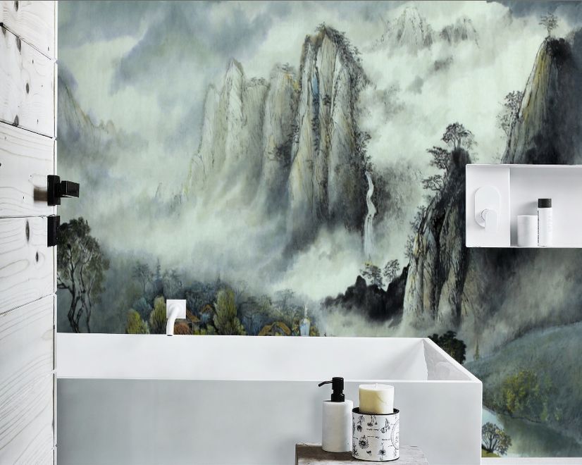 Misty Chinese Mountain Landscape and Waterfalls Wallpaper Mural