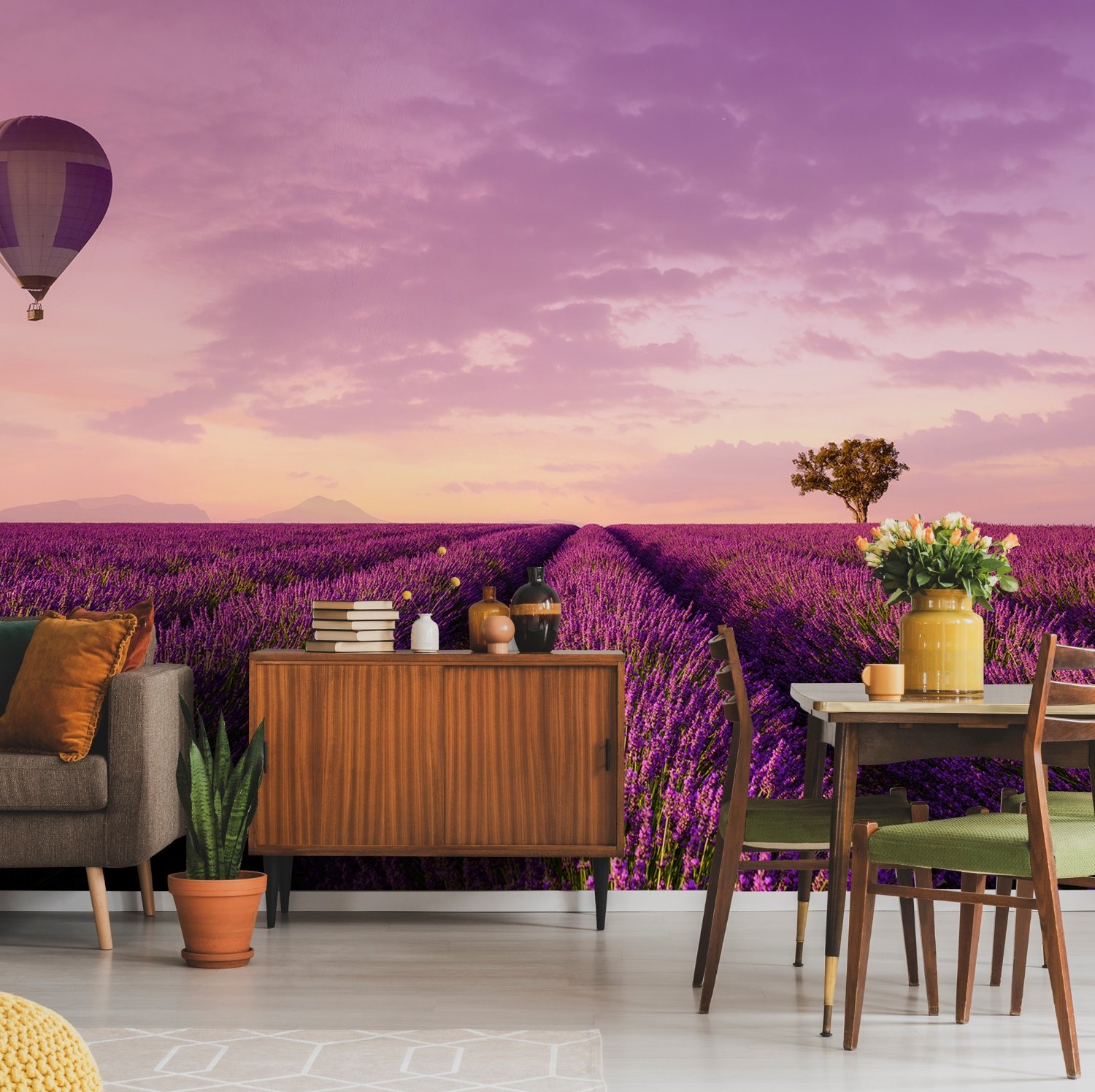 Serene Sunset Lavender and Balloon Landscape Wallpaper Mural - Peel and Stick
