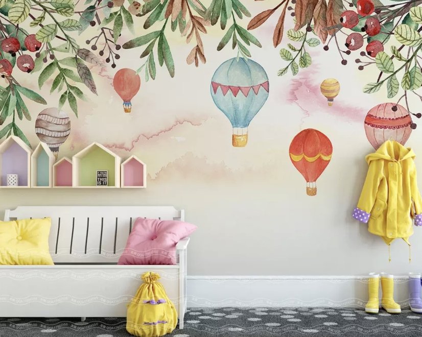 Kids Hot Air Balloon with Twigs Wallpaper Mural