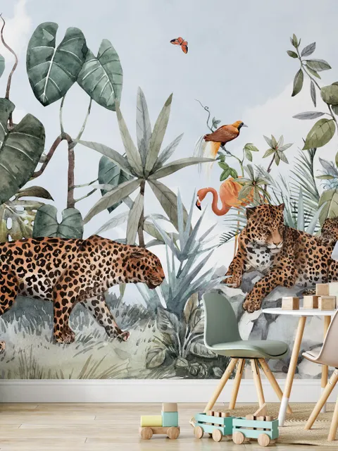 Kids Watercolor Forest with Leopard Wild Animals Wallpaper Mural