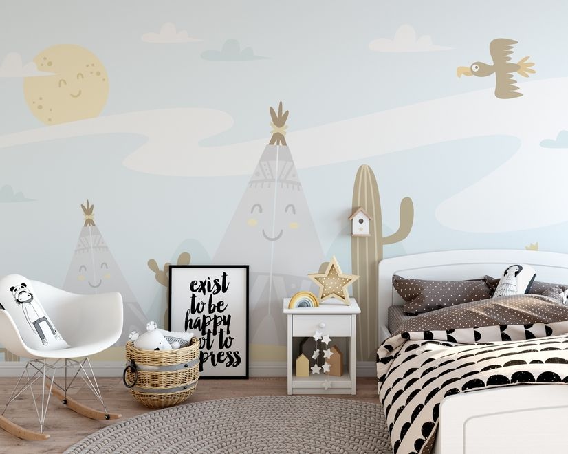 Cartoon Landscape with Happy Sun Wallpaper Mural