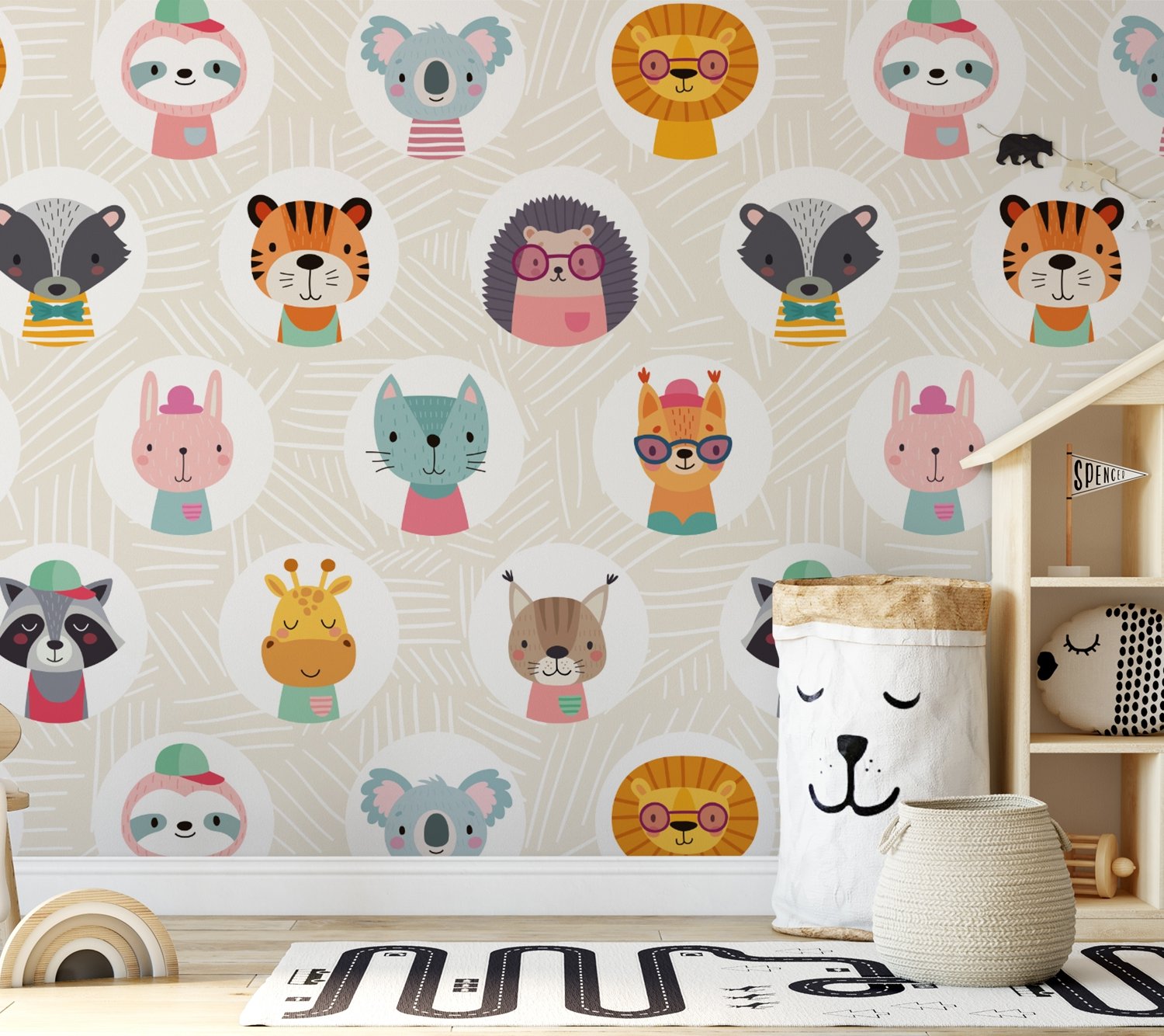 Kids Cute Safari Animals Pattern Wallpaper Mural - Peel and Stick