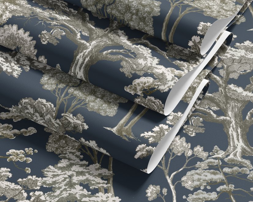 Navy wallpaper with warm ivory and taupe grey toile tree repeat on deep slate blue ground