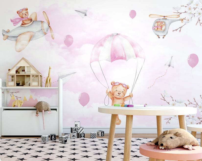 Cute Bear Flying with Paper Planes Wallpaper Mural
