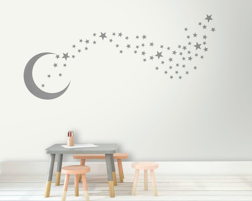 Silberner Mond und kleine Sterne Wandtattoo
