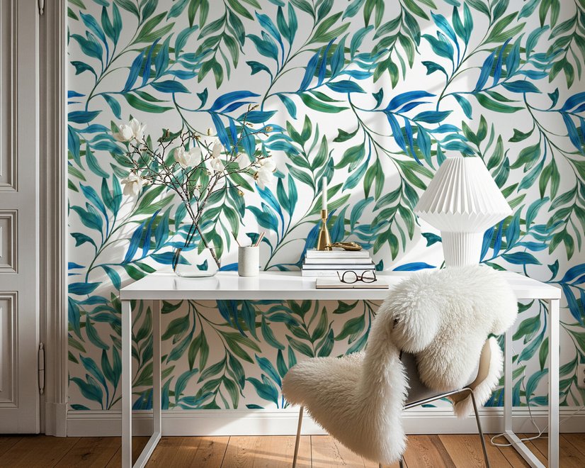 Dark olive green wallpaper with teal and cobalt watercolour lance leaves on a white ground