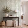 Blue floral stripe wallpaper with pale sky-blue bell flowers, green vines and sage bands on white