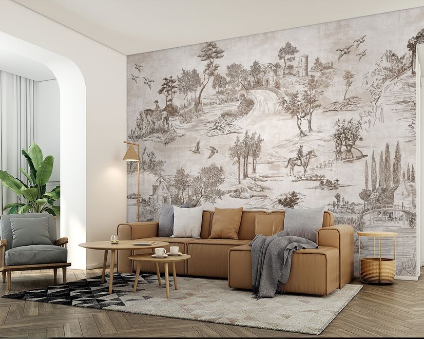 Vintage Monochrome Jouy Style Landscape Wallpaper Mural