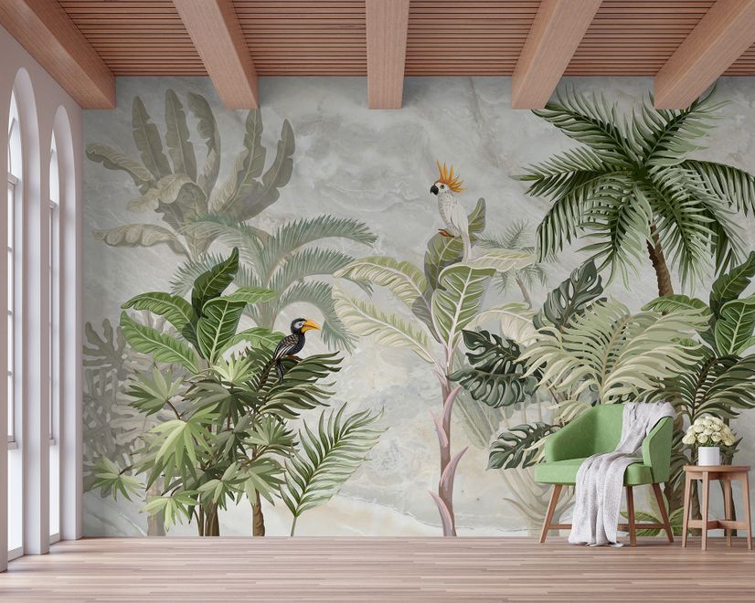Papier peint forêt tropicale verte perroquet