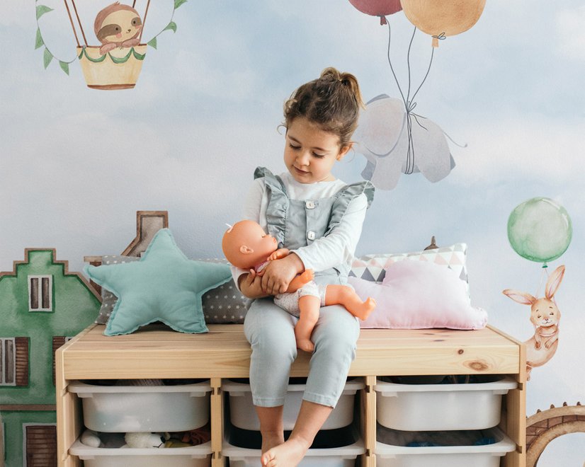 Aquarell Niedliche Häuser mit Fliegenden Tieren Fototapete für Kinder