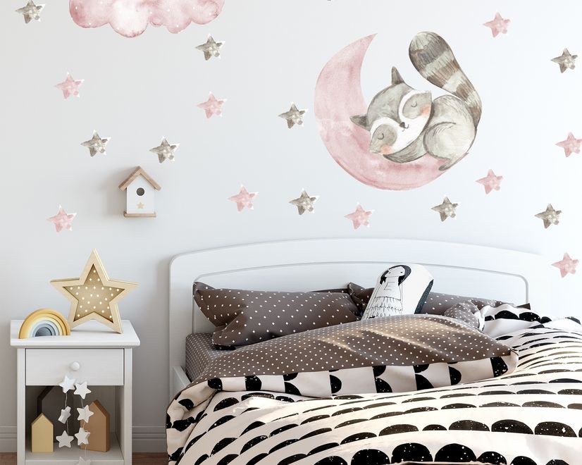 Stickers muraux raton laveur mignon et étoiles roses grises aquarelle pour enfants et bébé