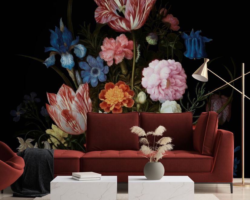 Elegant Dutch Dark Floral Bouquet Wallpaper Mural